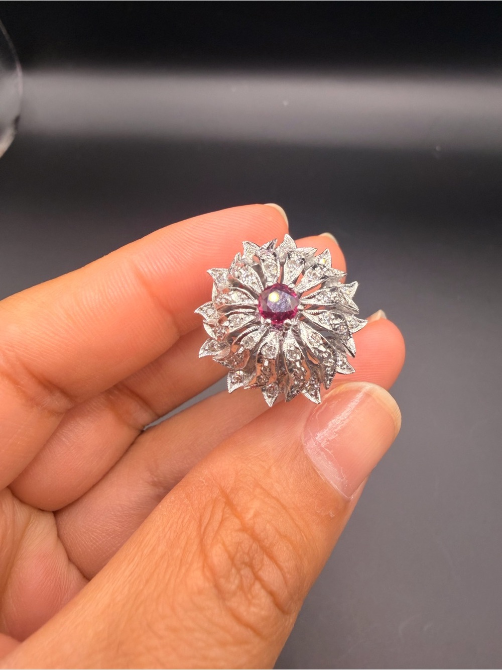 Silver-Palladium Flower Cocktail Ring with Round Ruby and  Natural Diamonds